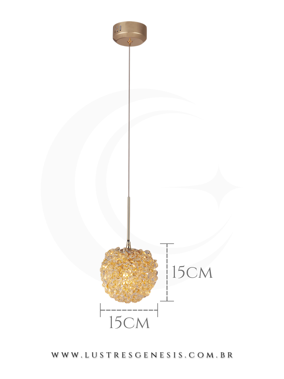 Pendente Simples Cristal Metal Dourado Esfera Ø15cm, Cabeceira de Cama, Banheiro, Lavabo, Bancada de Cozinha, Bancada Area Gourmet
